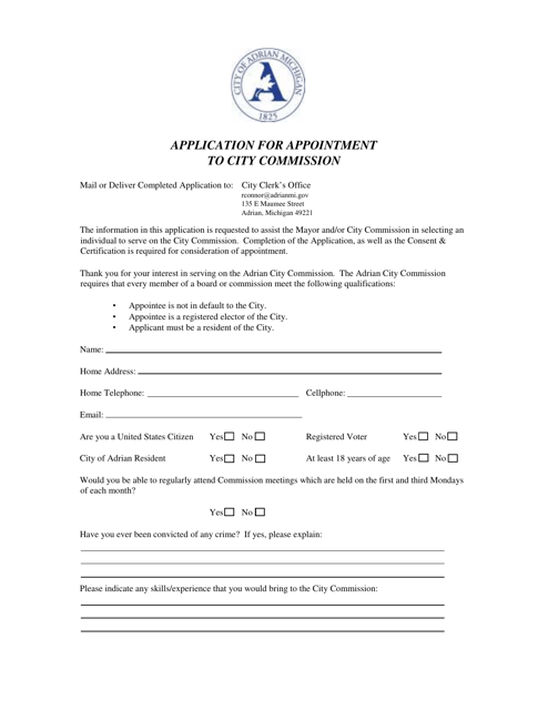Application for Appointment to City Commission - City of Adrian, Michigan Download Pdf