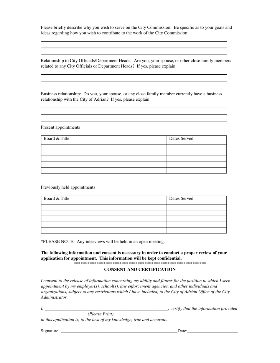 Application for Appointment to City Commission - City of Adrian, Michigan, Page 2
