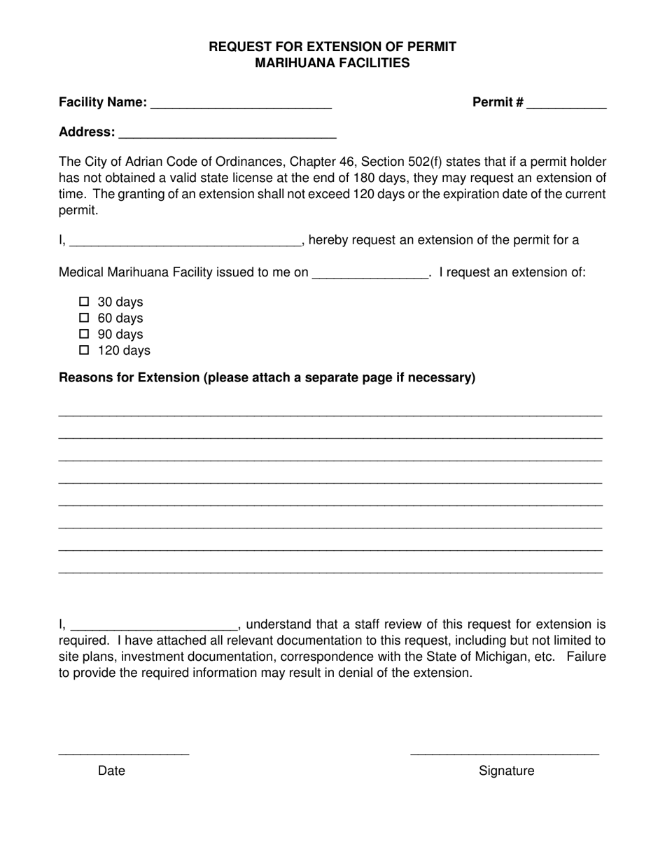 Request for Extension of Permit - Marihuana Facilities - City of Adrian, Michigan, Page 1