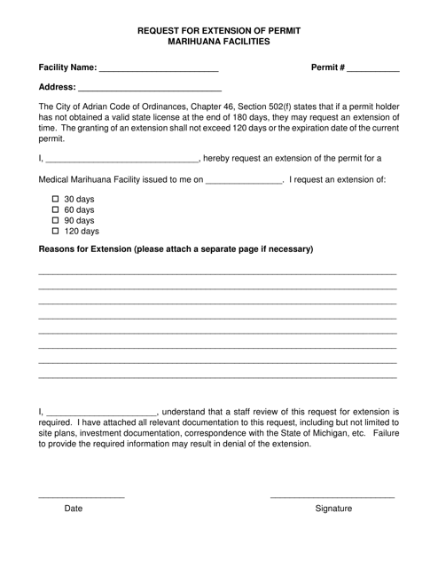 Request for Extension of Permit - Marihuana Facilities - City of Adrian, Michigan Download Pdf