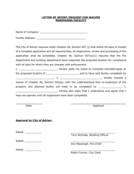 Document preview: Letter of Intent/Request for Waiver - Marihuana Facility - City of Adrian, Michigan