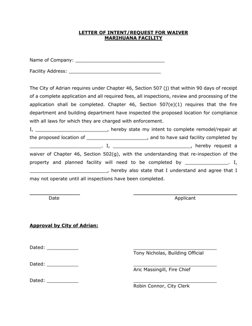 Letter of Intent/Request for Waiver - Marihuana Facility - City of Adrian, Michigan