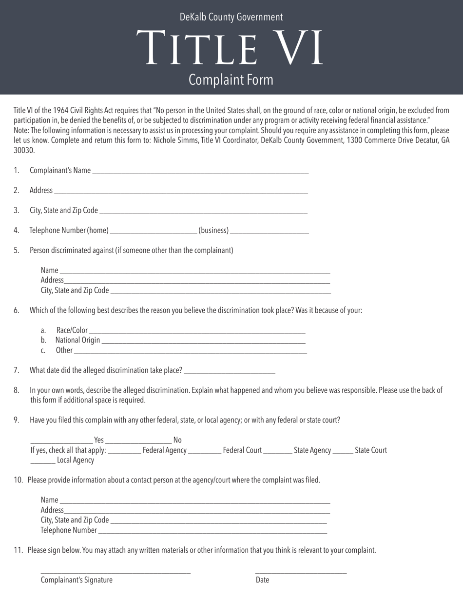 Title VI Complaint Form - DeKalb County, Georgia (United States), Page 1