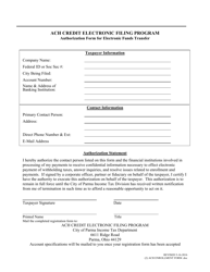 Authorization Form for Electronic Funds Transfer - ACH Credit Electronic Filing Program - City of Parma, Ohio
