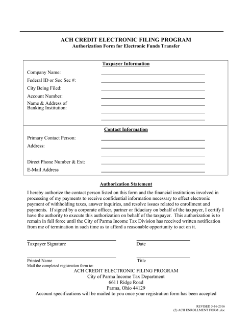 Authorization Form for Electronic Funds Transfer - ACH Credit Electronic Filing Program - City of Parma, Ohio Download Pdf