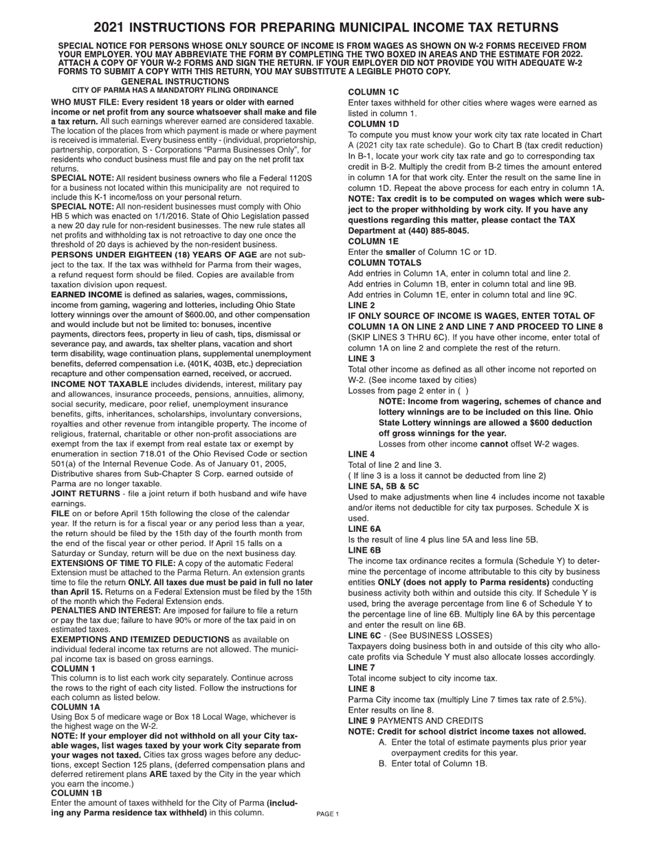 Download Instructions for Form P1040 City of Parma Tax Return