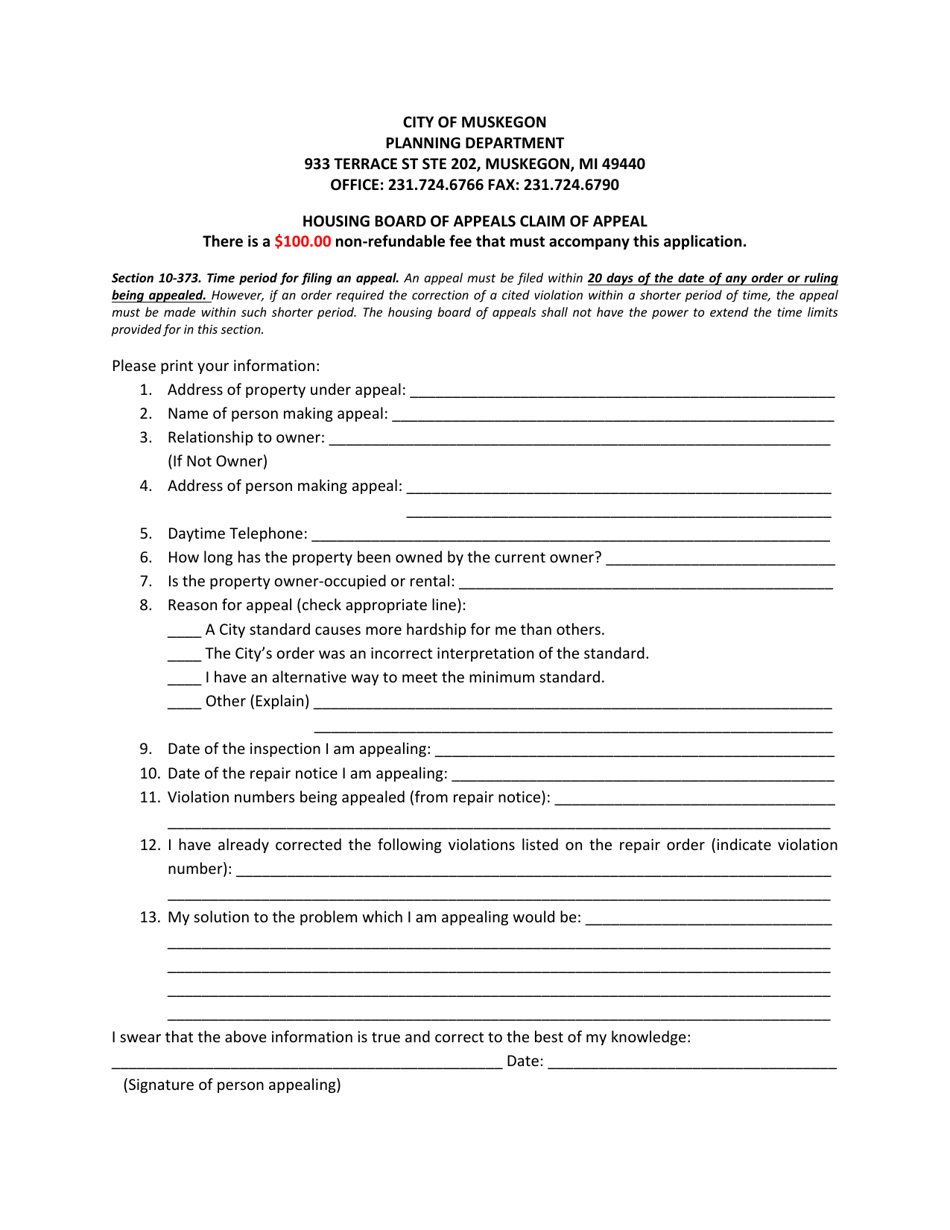 City of Muskegon, Michigan Housing Board of Appeals Claim of Appeal ...