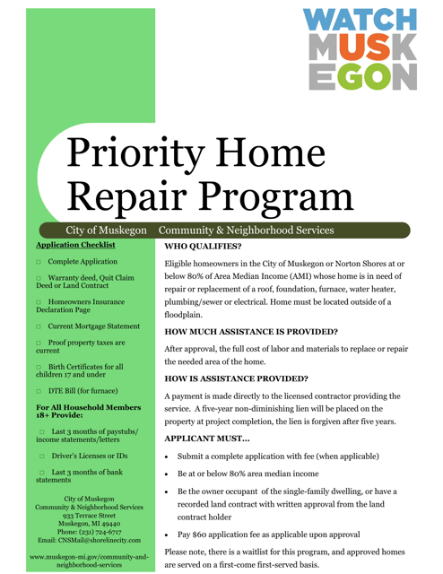 Priority Home Repair Application - City of Muskegon, Michigan Download Pdf