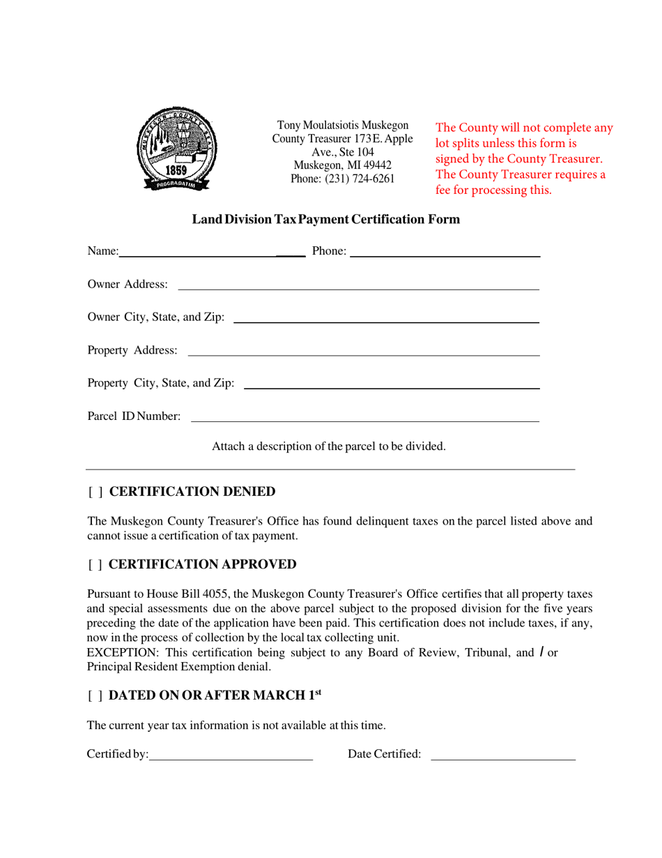 City Of Muskegon, Michigan Land Division Tax Payment Certification Form ...