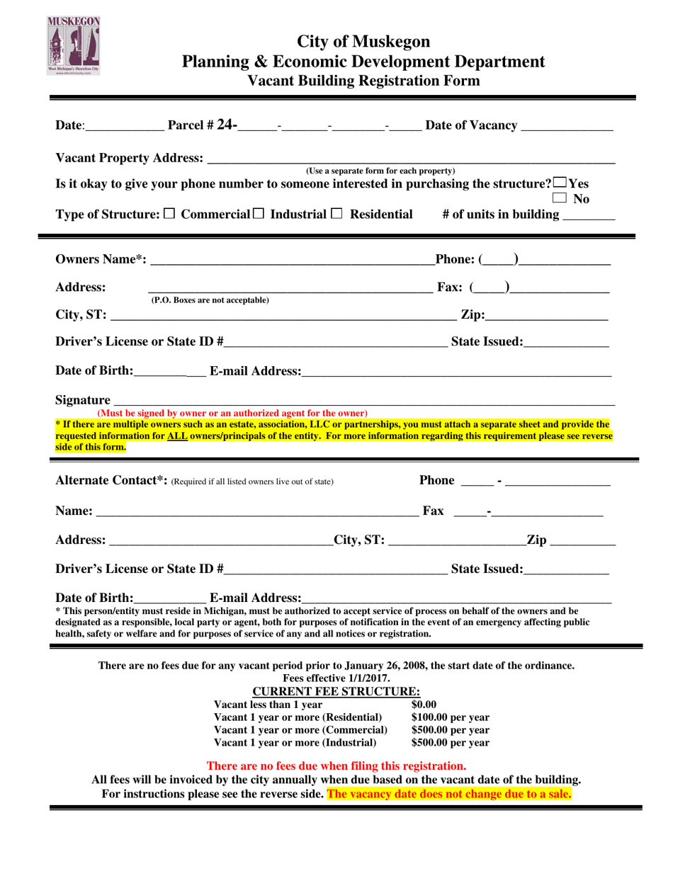 Vacant Building Registration Form - City of Muskegon, Michigan, Page 1