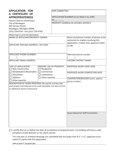 Application for a Certificate of Appropriateness - City of Muskegon, Michigan Download Pdf