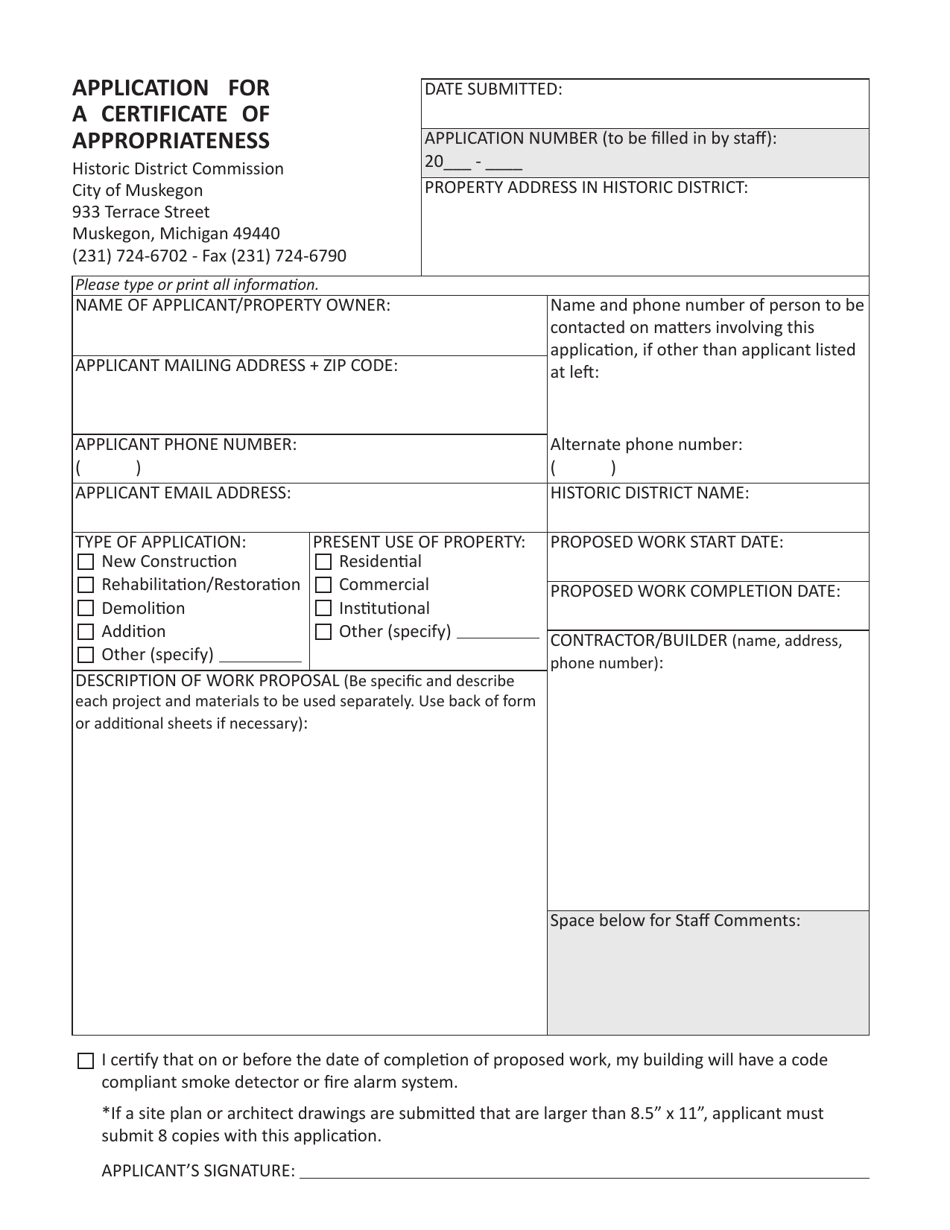 Application for a Certificate of Appropriateness - City of Muskegon, Michigan, Page 1