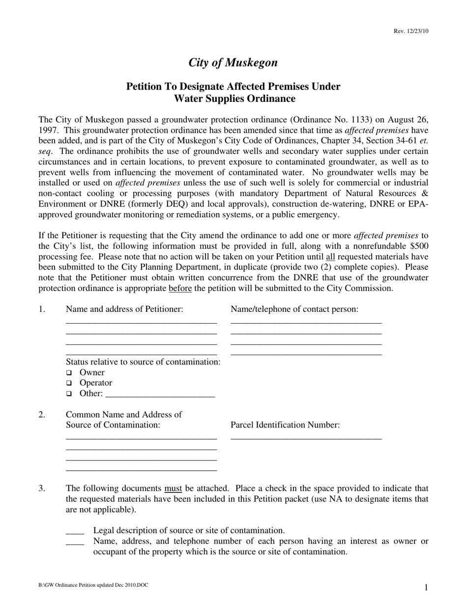 Petition to Designate Affected Premises Under Water Supplies Ordinance - City of Muskegon, Michigan, Page 1