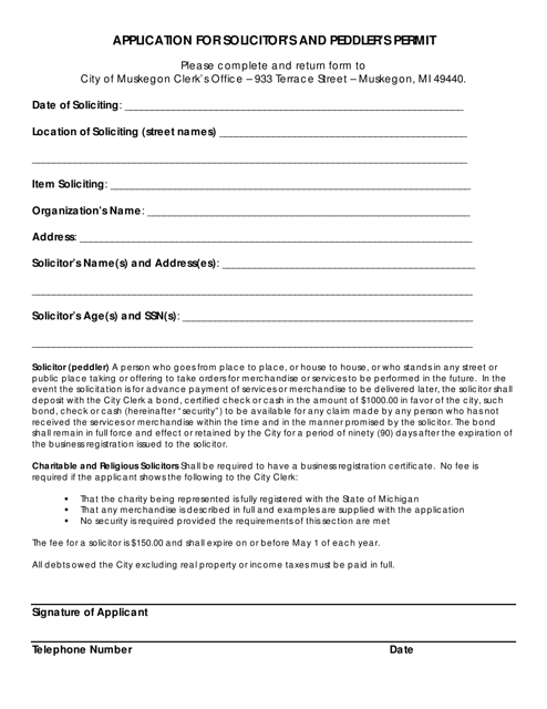 Application for Solicitor's and Peddler's Permit - City of Muskegon, Michigan Download Pdf