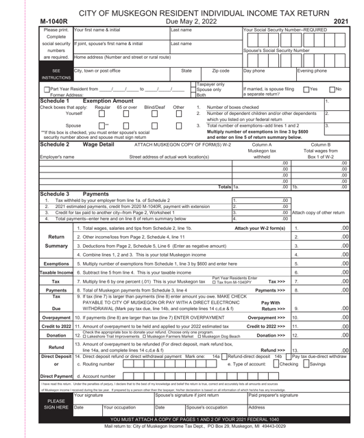 Form M-1040R Resident Individual Income Tax Return - City of Muskegon, Michigan, 2021