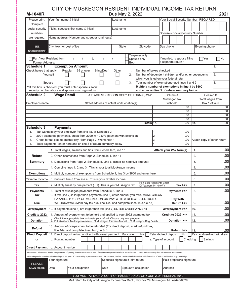 Form M-1040R Resident Individual Income Tax Return - City of Muskegon, Michigan, Page 1