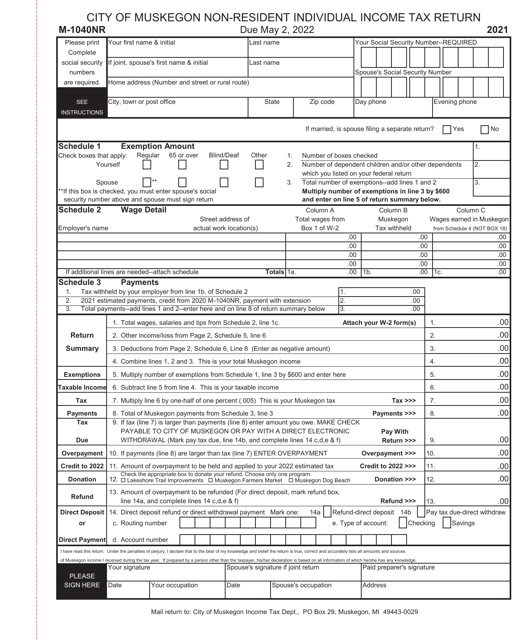 Form M-1040NR Non-resident Individual Income Tax Return - City of Muskegon, Michigan, 2021