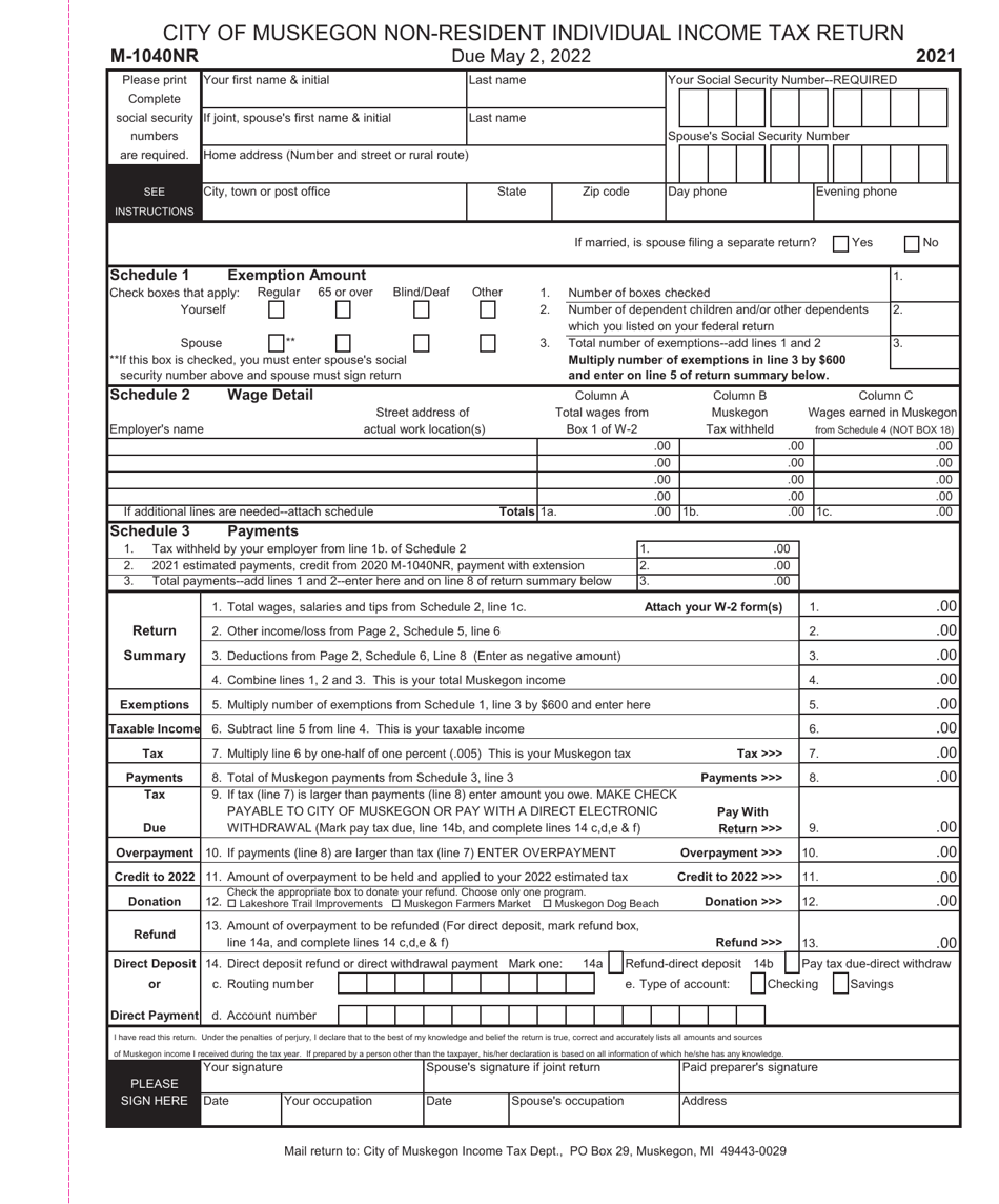 Form M1040NR 2021 Fill Out, Sign Online and Download Printable PDF, City of Muskegon