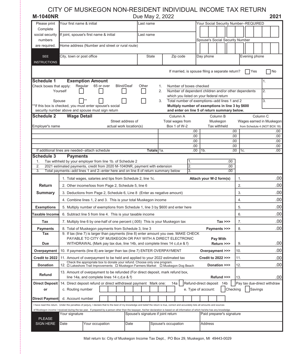 Form M-1040NR Non-resident Individual Income Tax Return - City of Muskegon, Michigan, Page 1