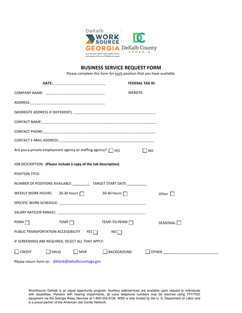 Document preview: Business Service Request Form - DeKalb County, Georgia (United States)