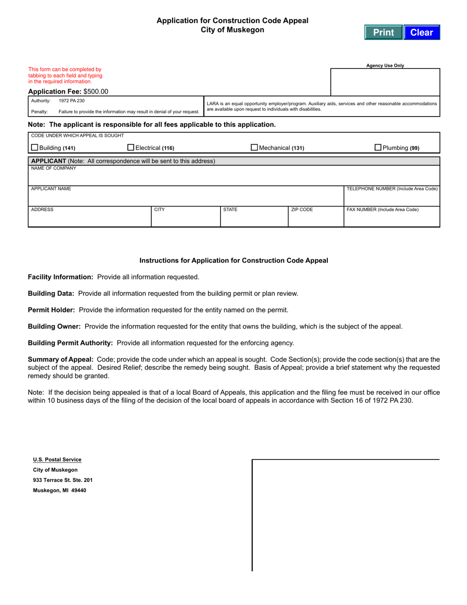 Application for Construction Code Appeal - City of Muskegon, Michigan, Page 1