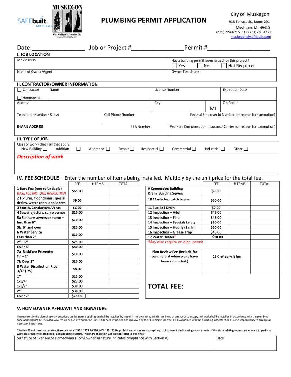Plumbing Permit Application - City of Muskegon, Michigan, Page 1