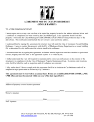 Document preview: Agreement Not to Occupy Residence (Single Family) - City of Muskegon, Michigan