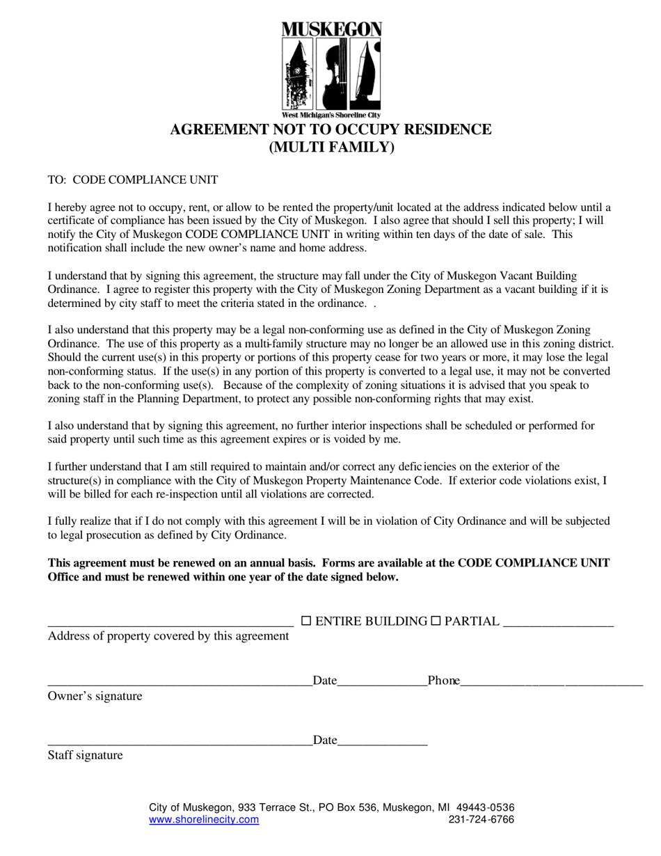 Agreement Not to Occupy Residence (Multi Family) - City of Muskegon, Michigan, Page 1