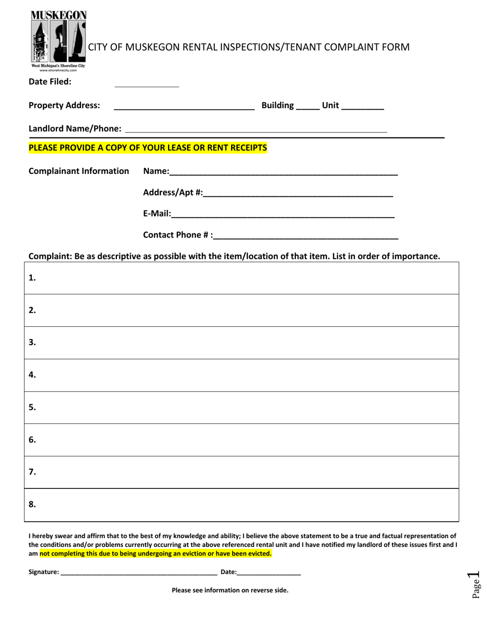 Rental Inspections / Tenant Complaint Form - City of Muskegon, Michigan, Page 1