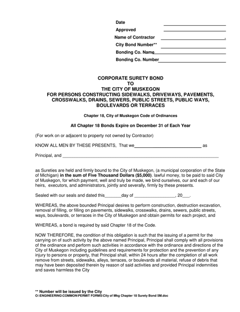 Right of Way Surety Bond Application ($5,000) - City of Muskegon, Michigan Download Pdf