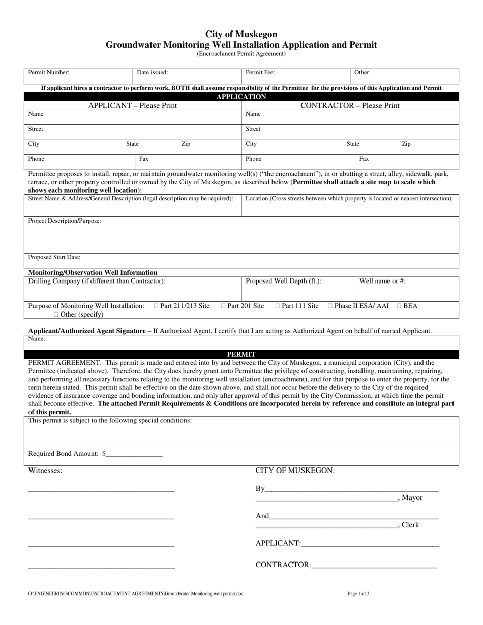 Groundwater Monitoring Well Installation Application and Permit - City of Muskegon, Michigan, Page 1