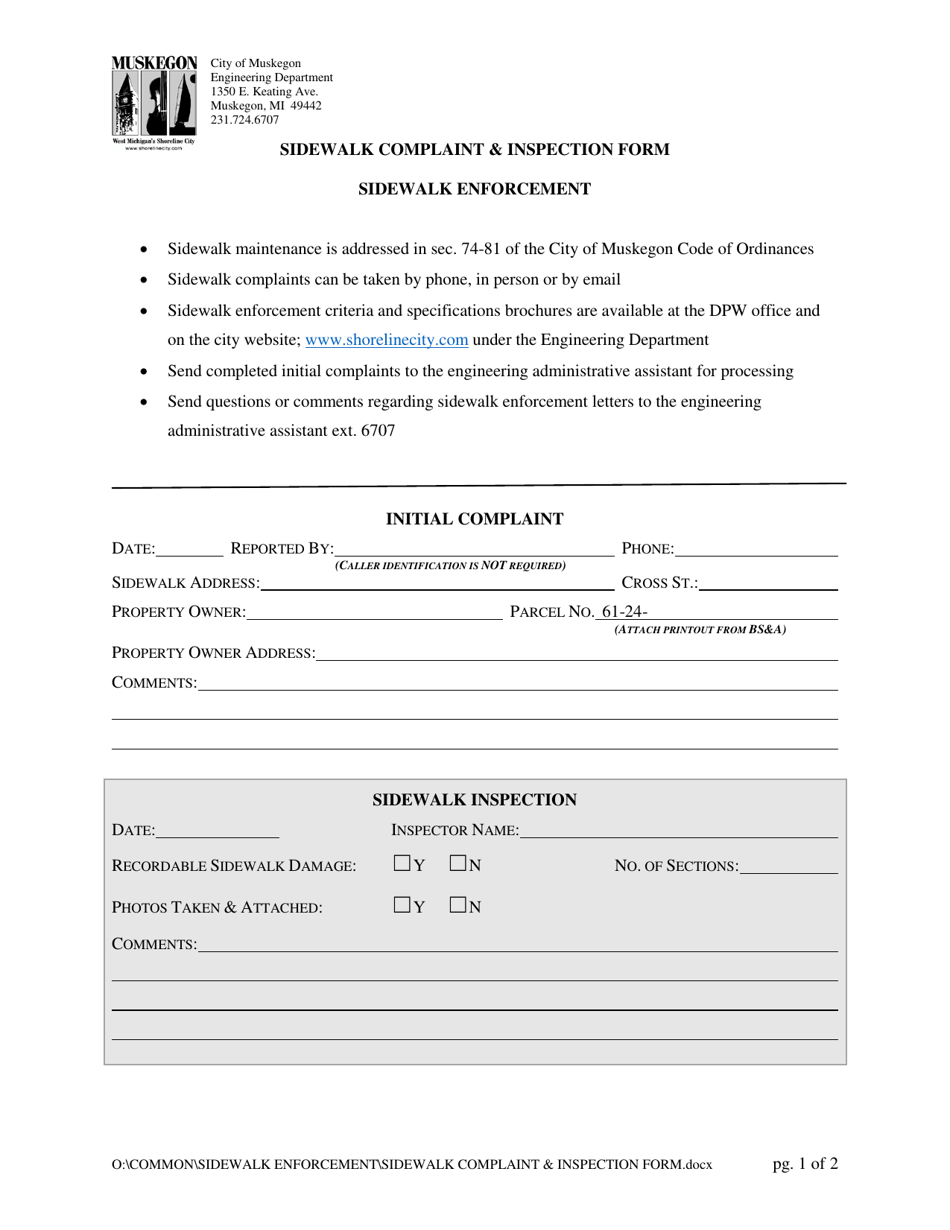 Sidewalk Complaint  Inspection Form - City of Muskegon, Michigan, Page 1