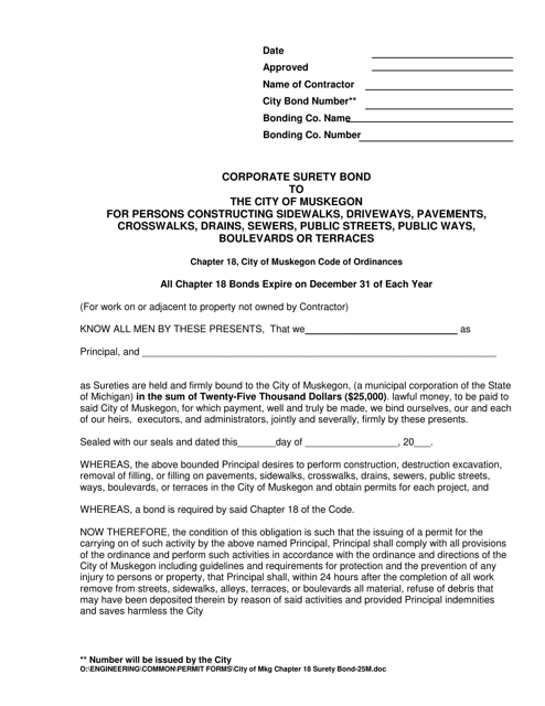 Right of Way Surety Bond Application ($25,000) - City of Muskegon, Michigan