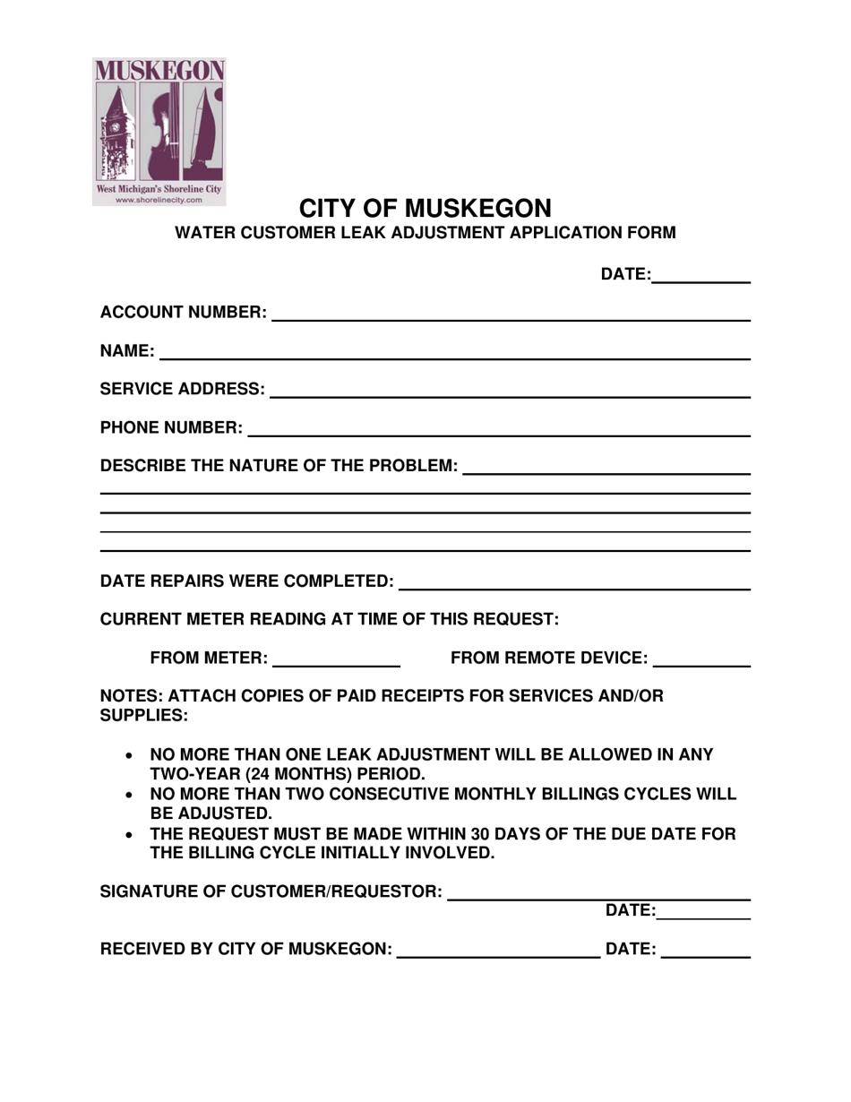 Water Customer Leak Adjustment Application Form - City of Muskegon, Michigan, Page 1