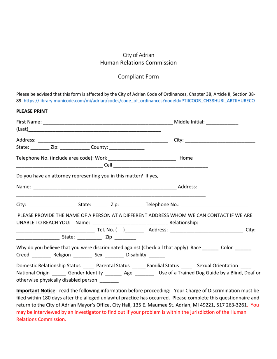 Compliant Form - City of Adrian, Michigan, Page 1