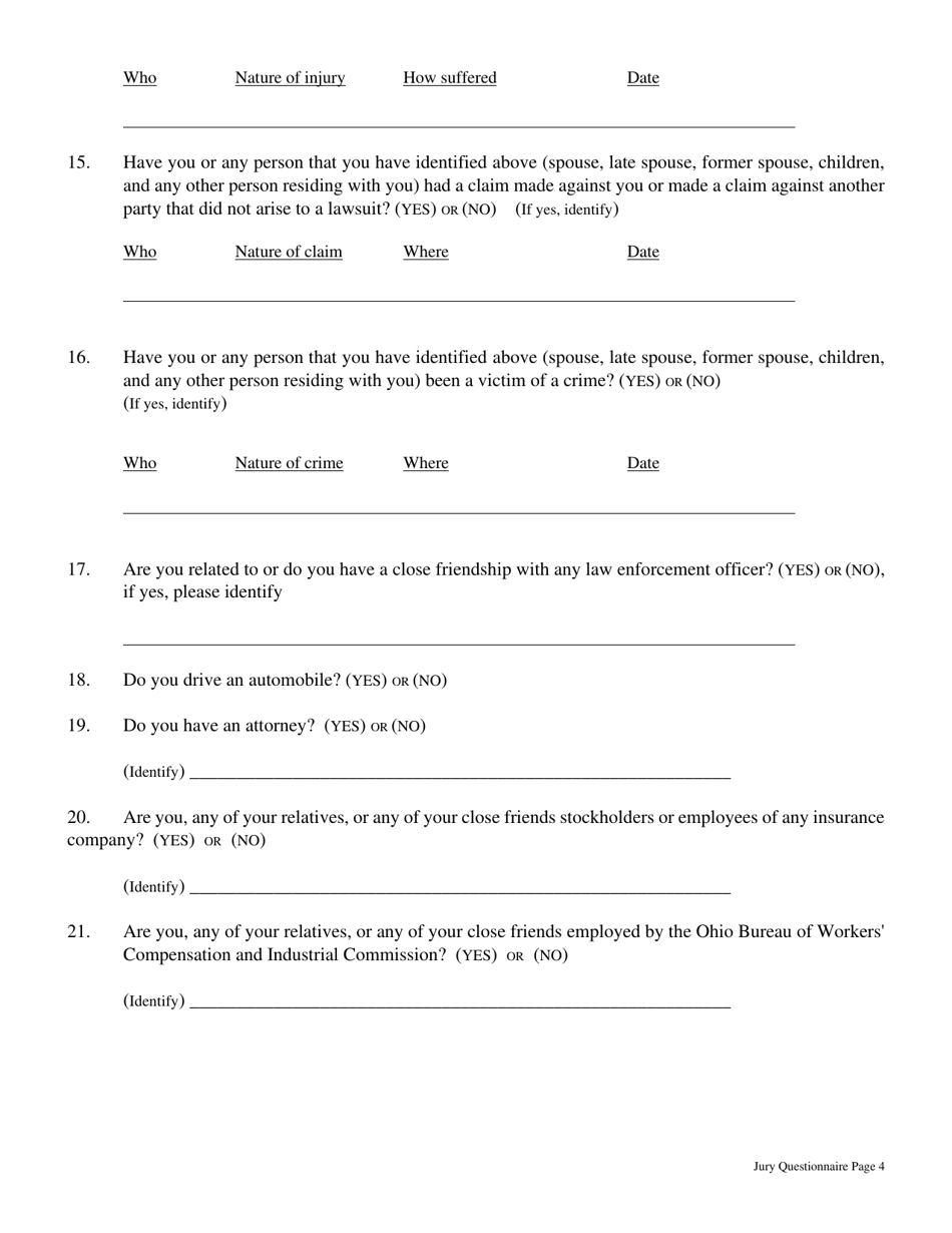 Juror Questionnaire - Belmont County, Ohio, Page 4