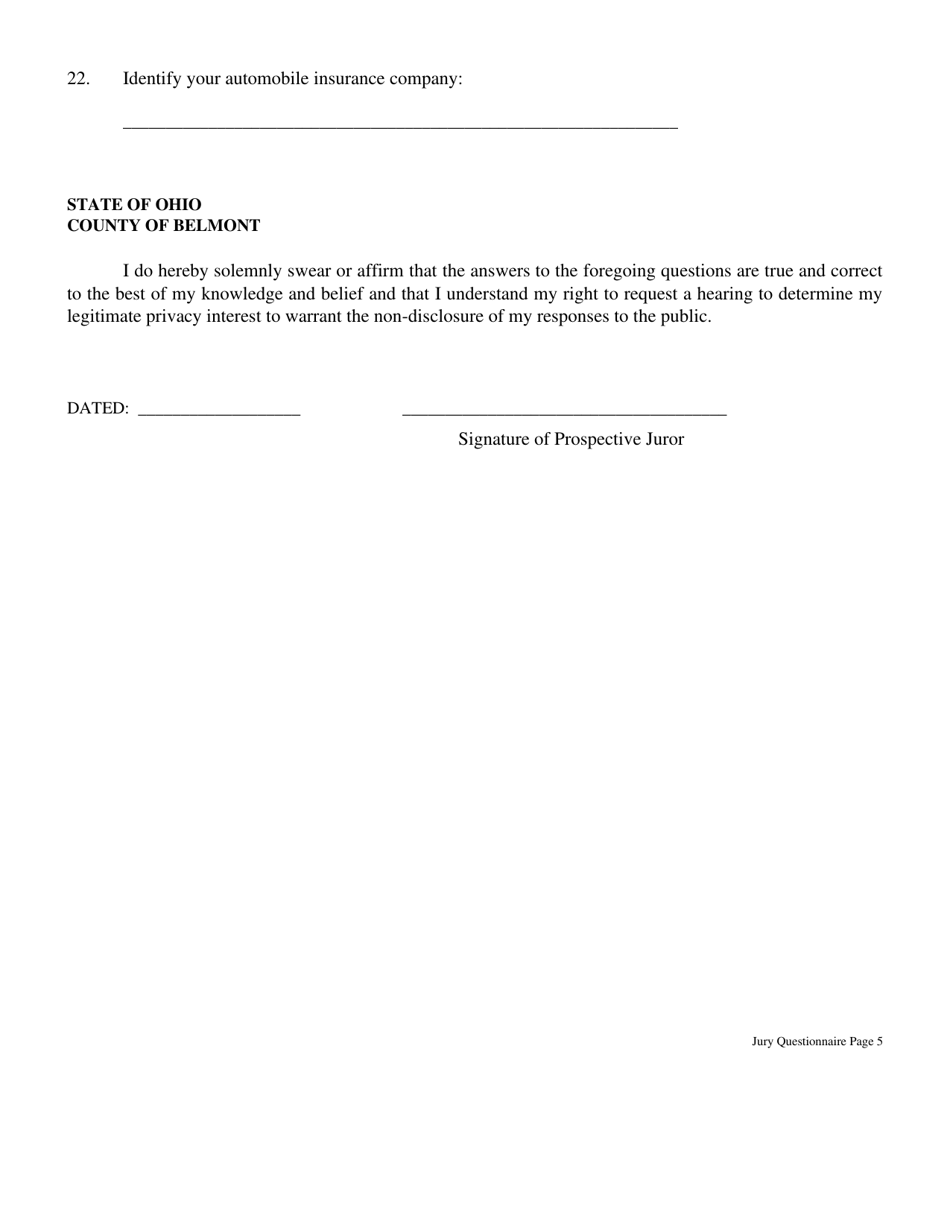 Juror Questionnaire - Belmont County, Ohio, Page 5