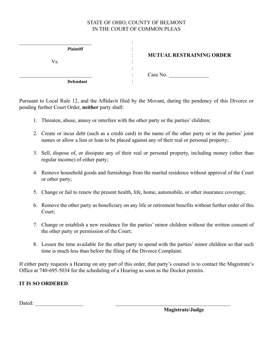 Mutual Restraining Order - Belmont County, Ohio, Page 1