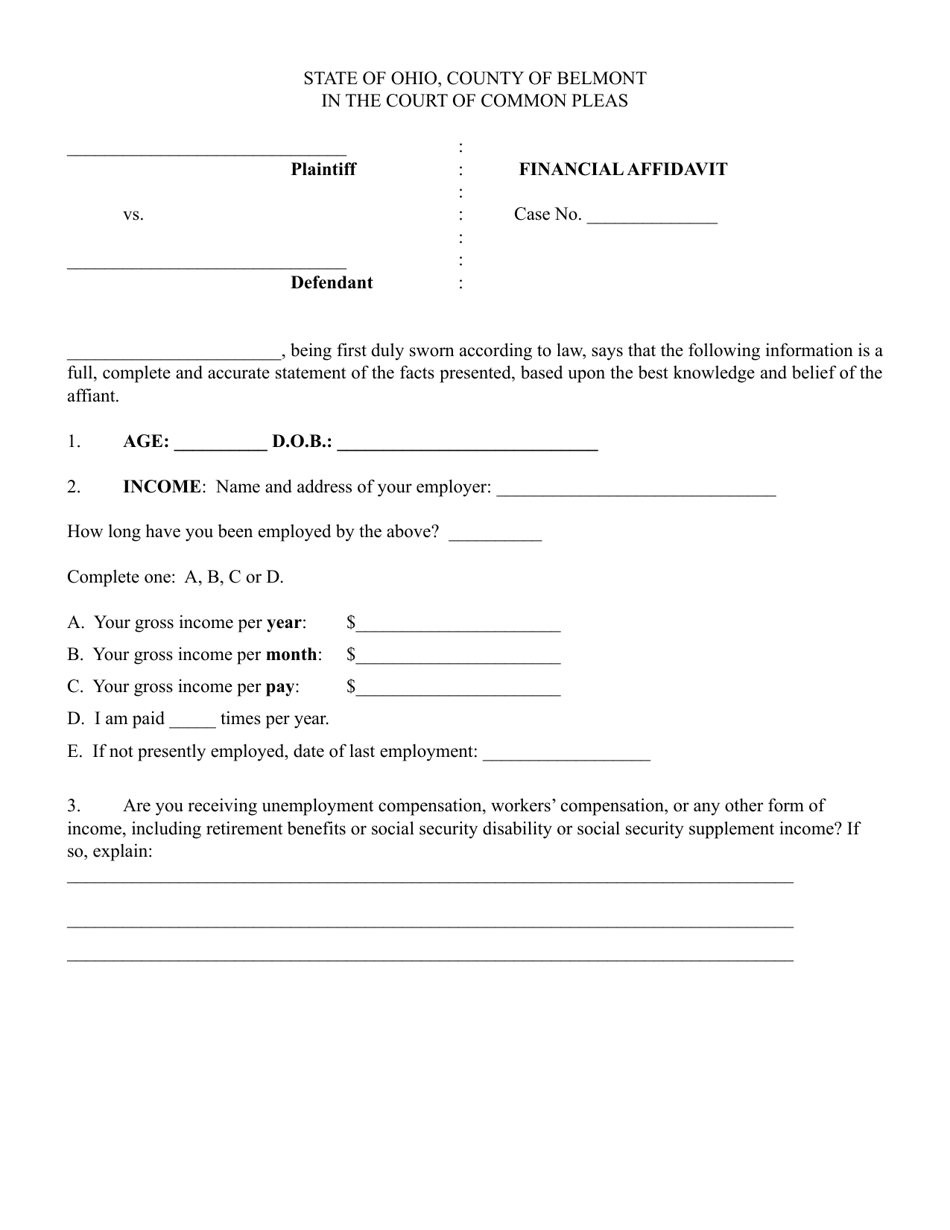 Belmont County, Ohio Financial Affidavit Download Printable PDF Templateroller
