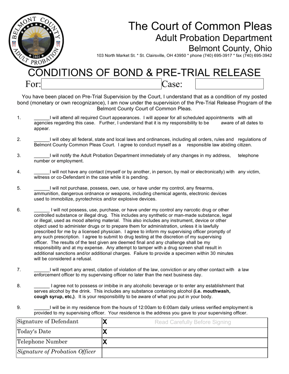 Belmont County, Ohio Conditions of Bond & Pretrial Release Adult Probation Fill Out, Sign