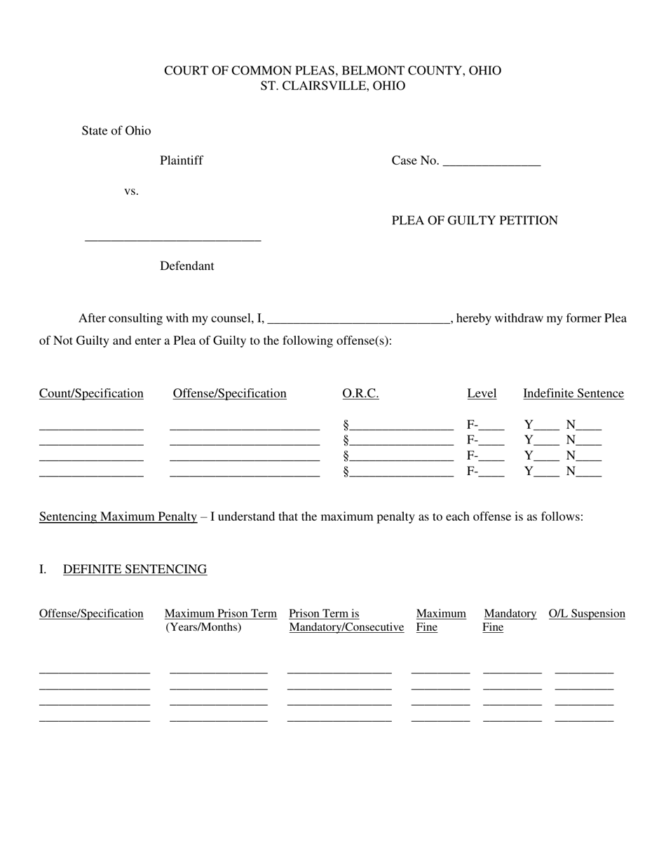 Belmont County, Ohio Plea of Guilty Petition Download Printable PDF ...