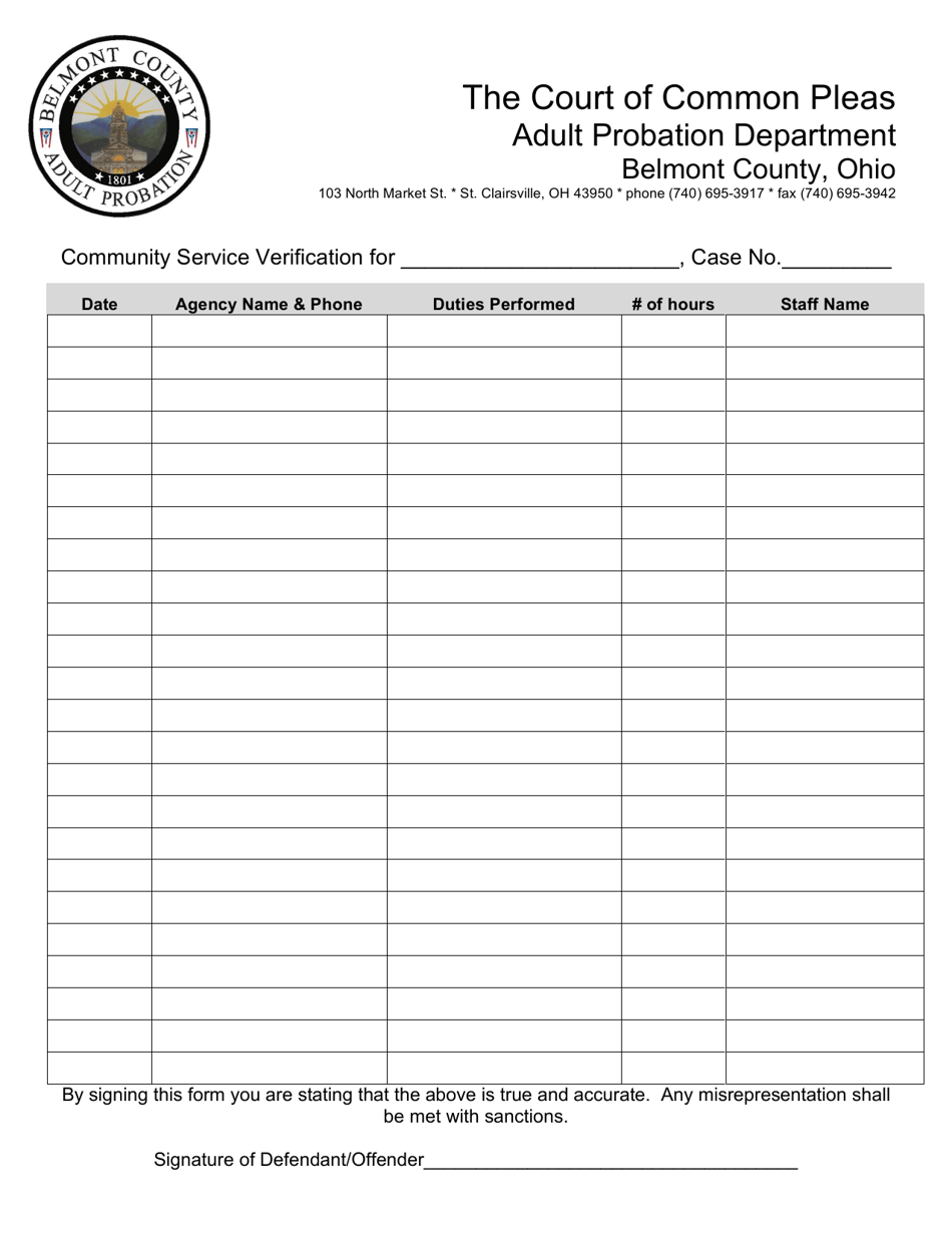 Community Service Verification - Adult Probation - Belmont County, Ohio, Page 1