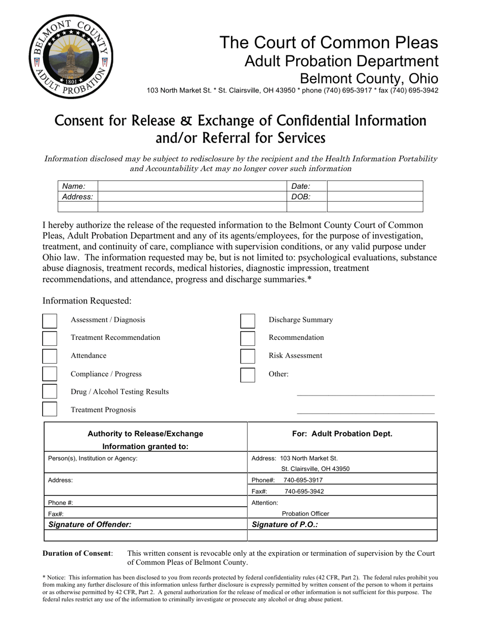 Consent for Release  Exchange of Confidential Information and / or Referral for Services - Adult Probation - Belmont County, Ohio, Page 1