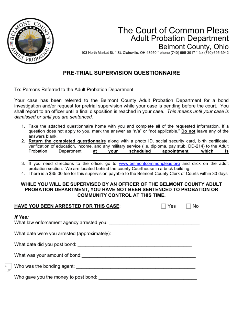 Pre-trial Supervision Questionnaire - Adult Probation - Belmont County, Ohio, Page 1