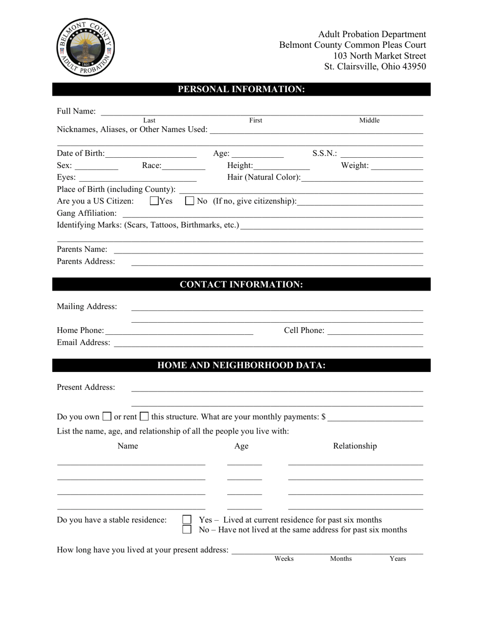 Pre-trial Supervision Questionnaire - Adult Probation - Belmont County, Ohio, Page 3