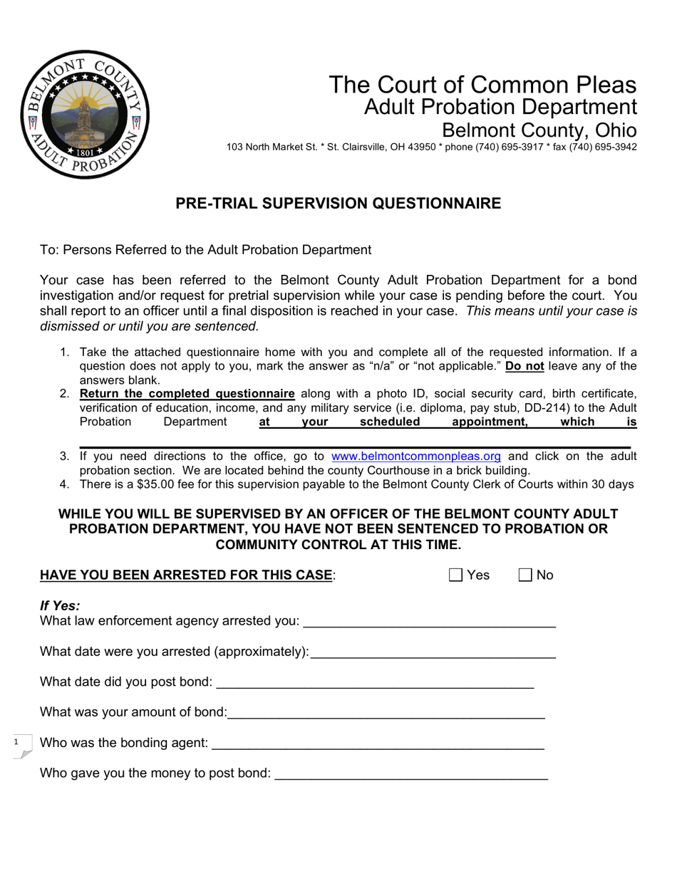 Belmont County, Ohio Pretrial Supervision Questionnaire Adult