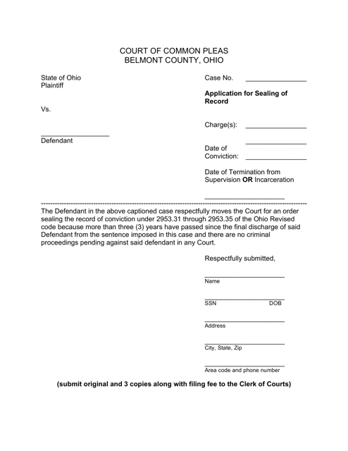 Application for Sealing of Record - Belmont County, Ohio Download Pdf