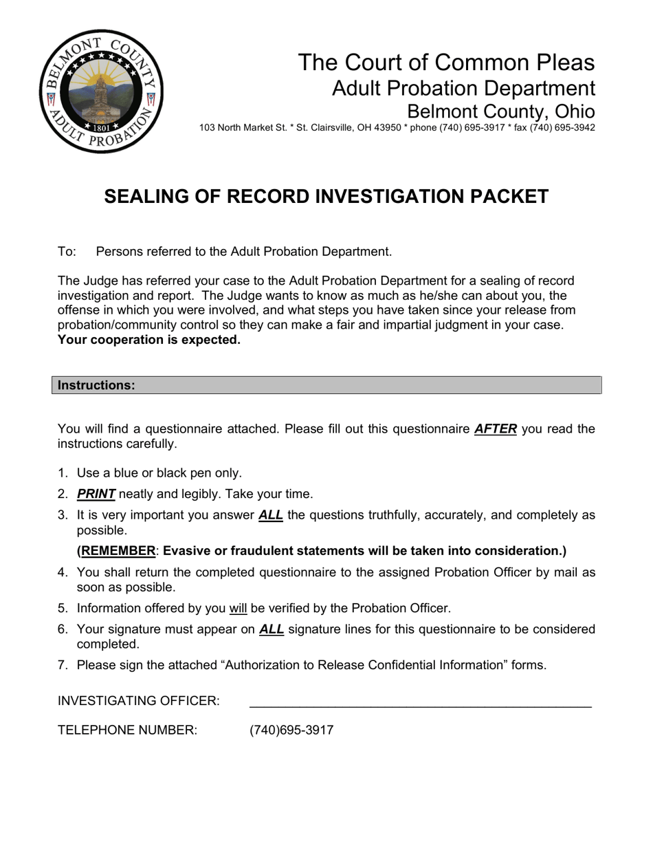 Sealing of Record Investigation Questionnaire - Adult Probation - Belmont County, Ohio, Page 1