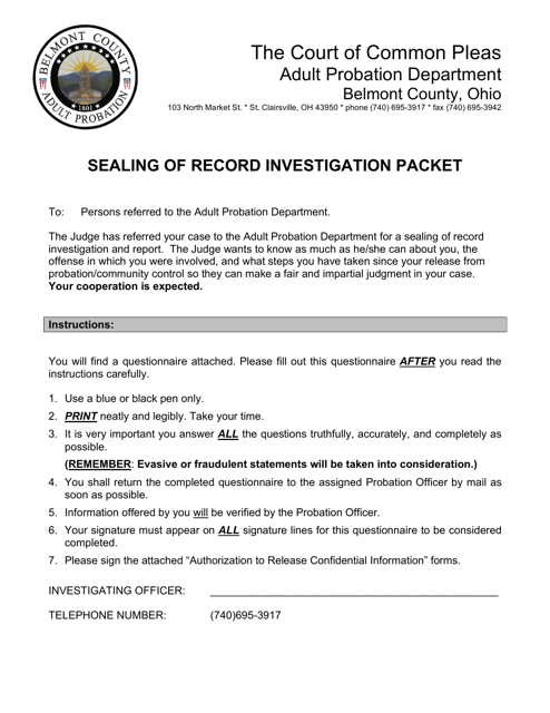 Sealing of Record Investigation Questionnaire - Adult Probation - Belmont County, Ohio Download Pdf