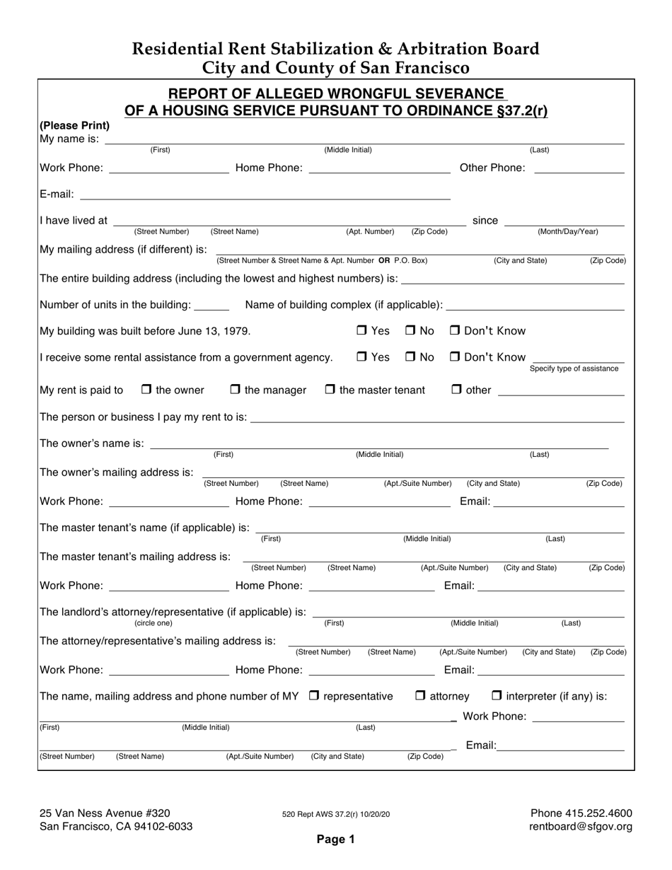 Form 520 Report of Alleged Wrongful Severance of a Housing Service Pursuant to Ordinance 37.2(R) - City and County of San Francisco, California, Page 1